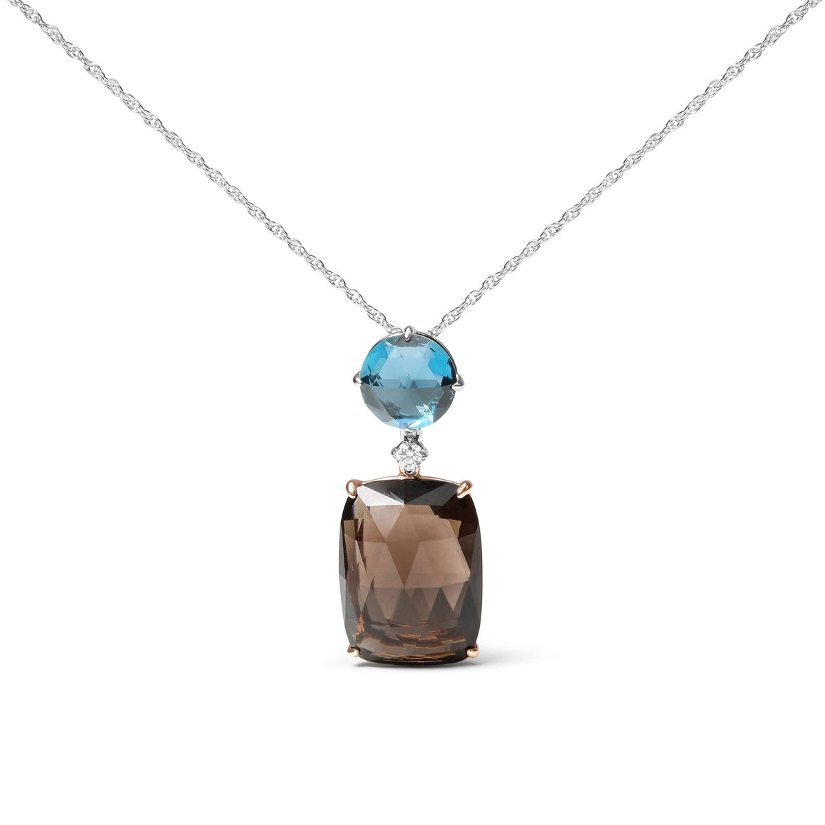 18K Rose and White Gold Diamond Accent and London Blue Topaz and Cushion Cut Smoky Quartz Gemstone Dangle Drop 18" Pendant