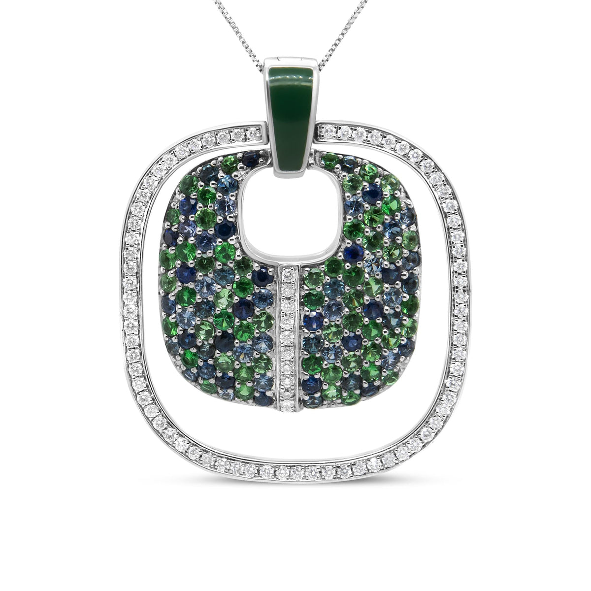 .925 Sterling Silver Green Enamel Pendant with 1/2 Cttw Diamond, Sapphire, and Tsavorite Openwork Statement 18" Pendant