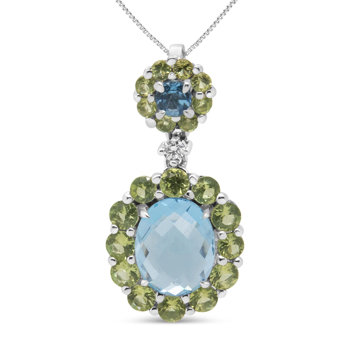 18k White Gold 0.05 Cttw Round Diamond and Blue Topaz and Green Peridot Gemstone Halo Drop 18" Pendant Necklace (F-G Color