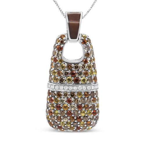 Collar de plata de ley .925 con colgante de esmalte marrón, 1 Cttw de diamantes blancos y marrones y piedras preciosas de zafiro amarillas y naranjas de 1.5mm, 18" (Color marrón y F-G, Claridad VS1-VS2)