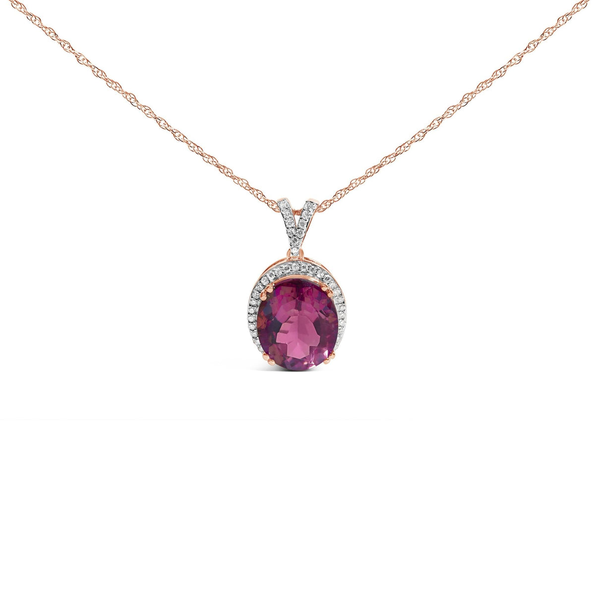 14K Rose Gold Vermeil Sterling Silver 1/5 Cttw Diamond Pink Quartz Oval Pendant Necklace