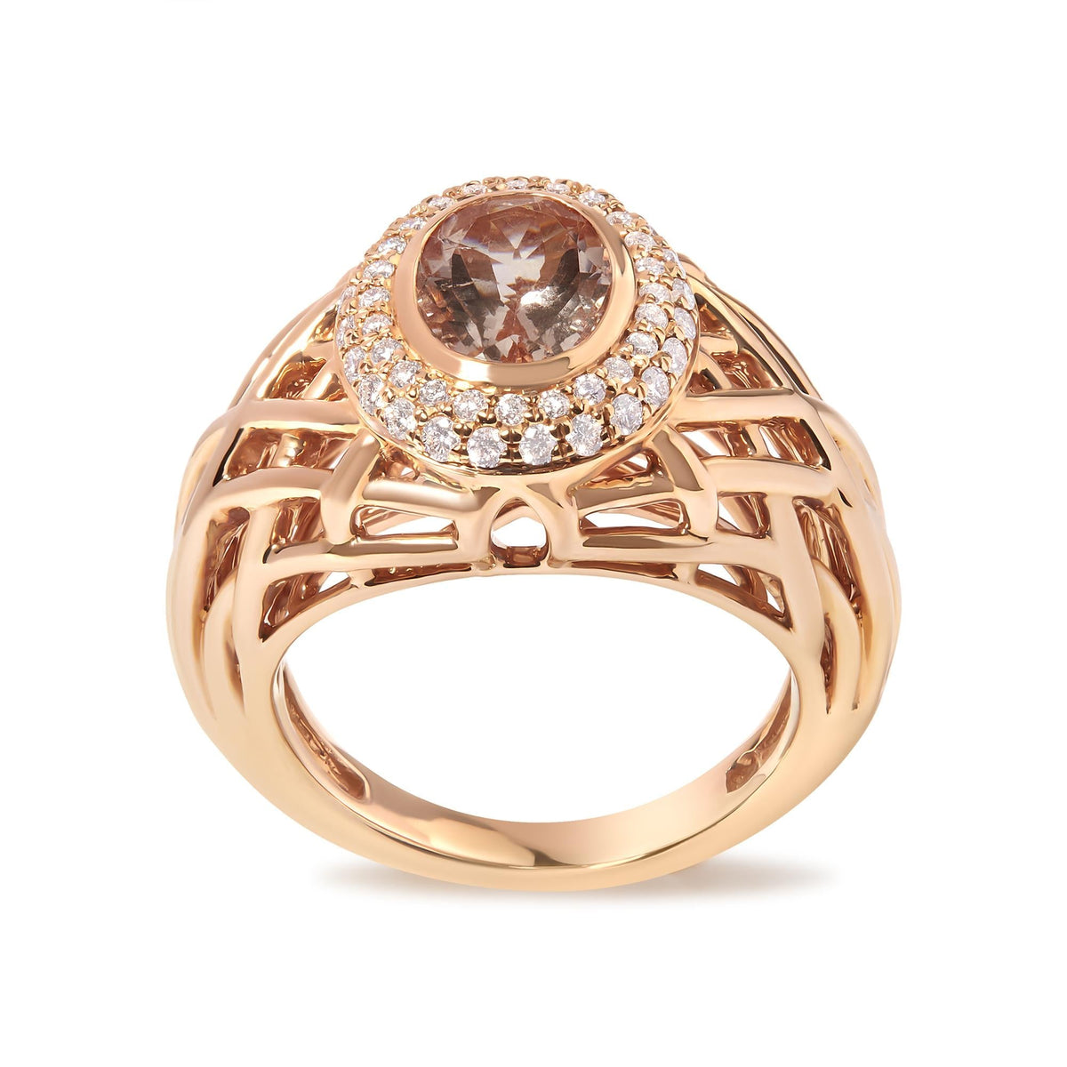 14K Rose Gold Oval Morganite and 3/8 Cttw Diamond Halo Basket Weave Cocktail Ring Size 7