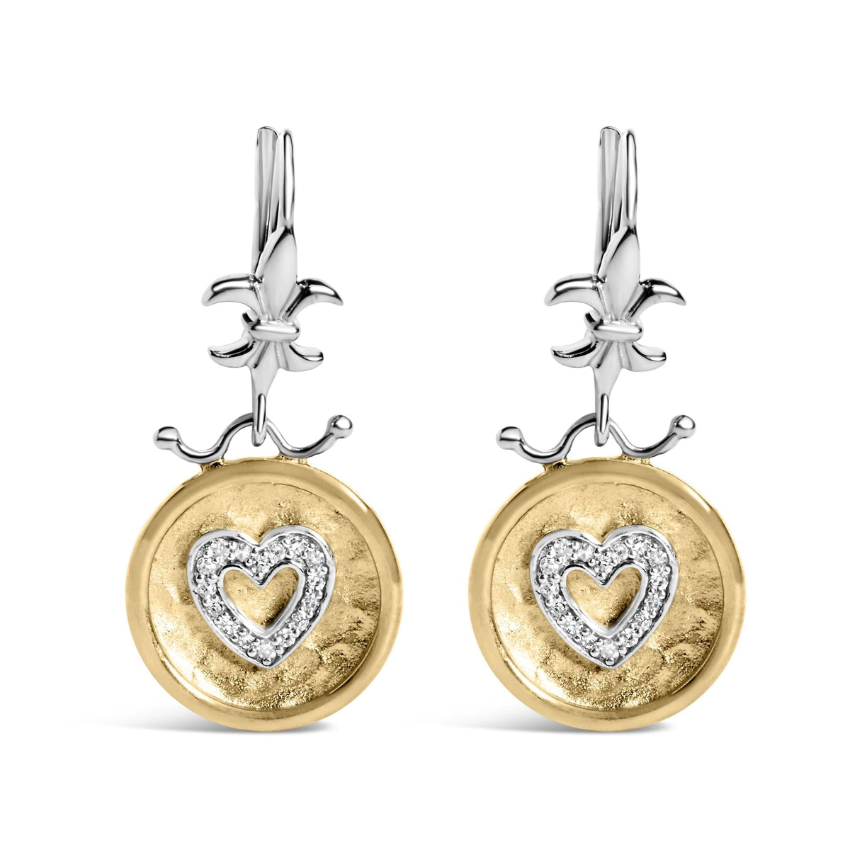 18K Yellow Gold Plated .925 Sterling Silver 1/8 Cttw Diamond Hammered Finished Medallion Heart Drop and Dangle Earrings (I-J