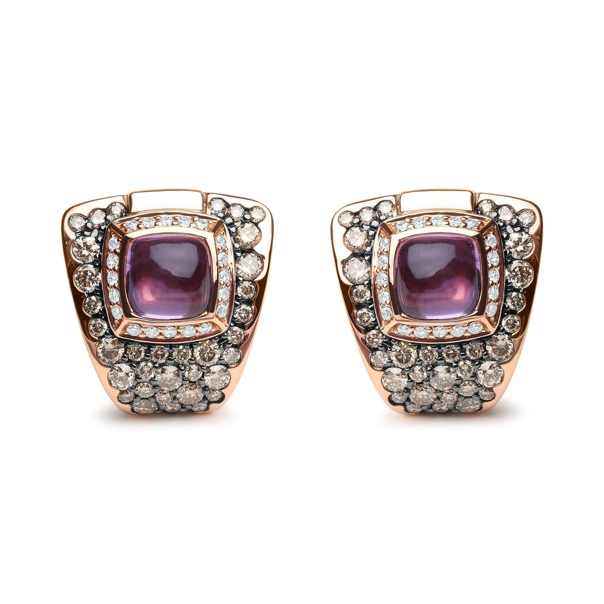 18K Rose Gold 1 1/2 Cttw Round Diamond and 7mm Cushion Cut Purple Amethyst Gemstone Geometrical Statement Stud Earrings