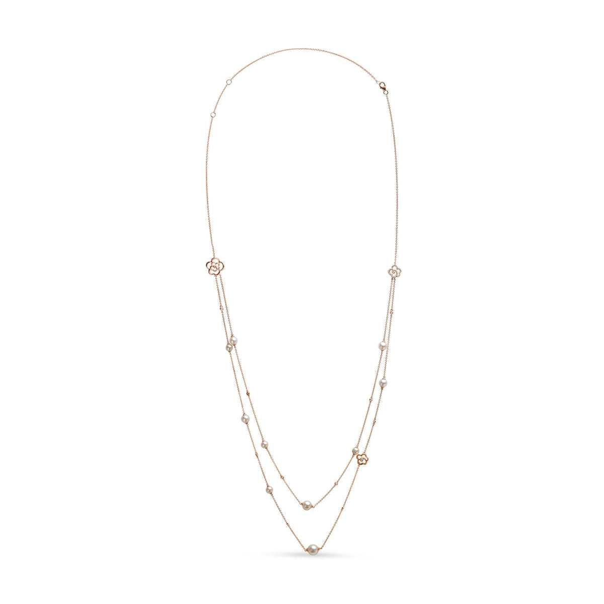 18K Rose Gold 1/2 Cttw Diamond and Freshwater Pearl Double Strand Station Necklace (G-H Color, SI1-SI2 Clarity) - Adjustable