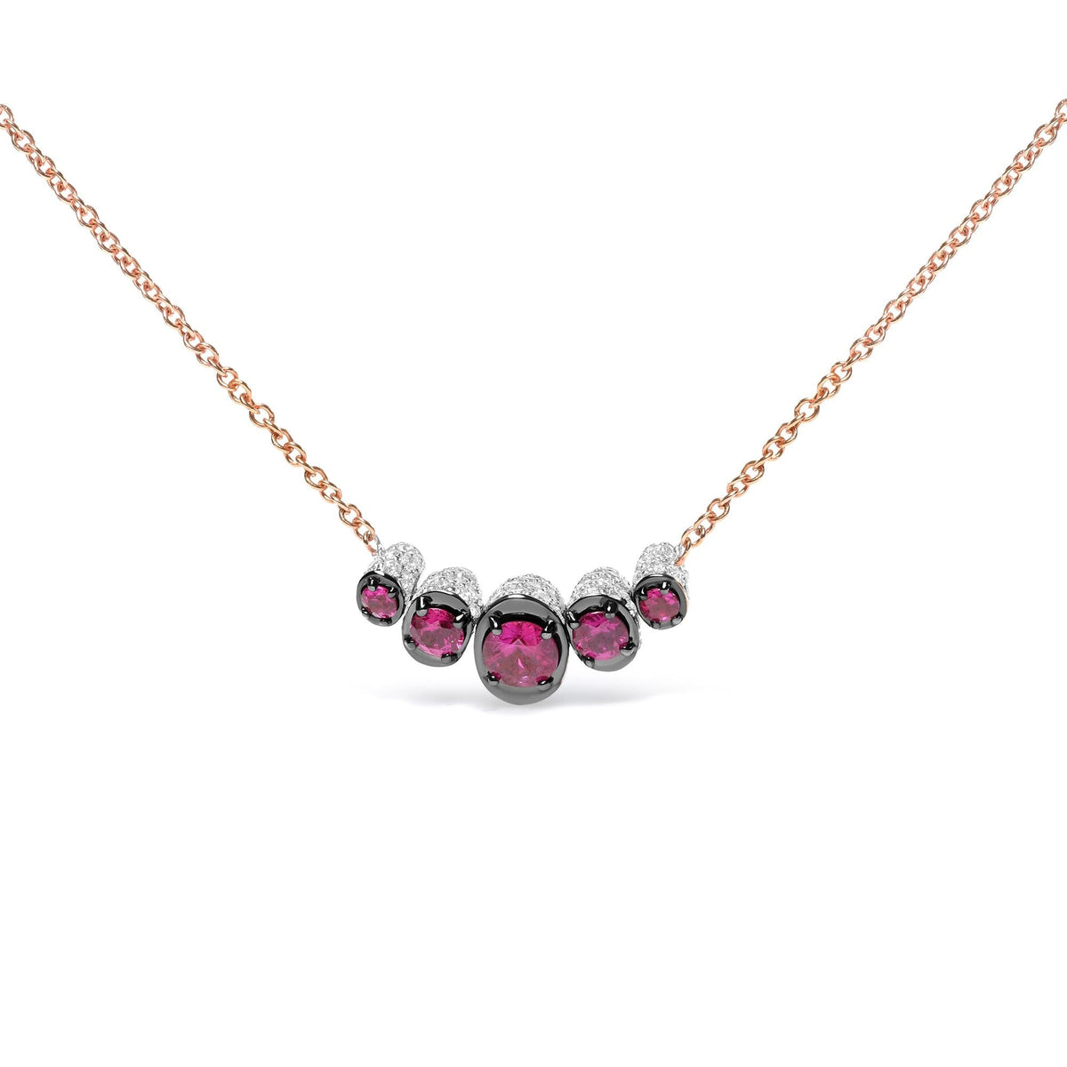 18K Rose Gold 3/4 Cttw Pave Diamonds and Graduated Red Ruby Gemstone Curved Bar Choker Necklace (G-H Color, SI1-SI2 Clarity)