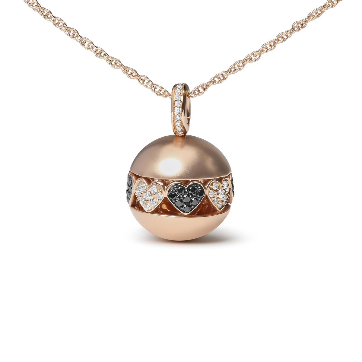 18K Rose Gold 3/8 Cttw Black and White Diamond Ball with Filigree Heart and Cluster Design 18" Pendant Necklace (Black and