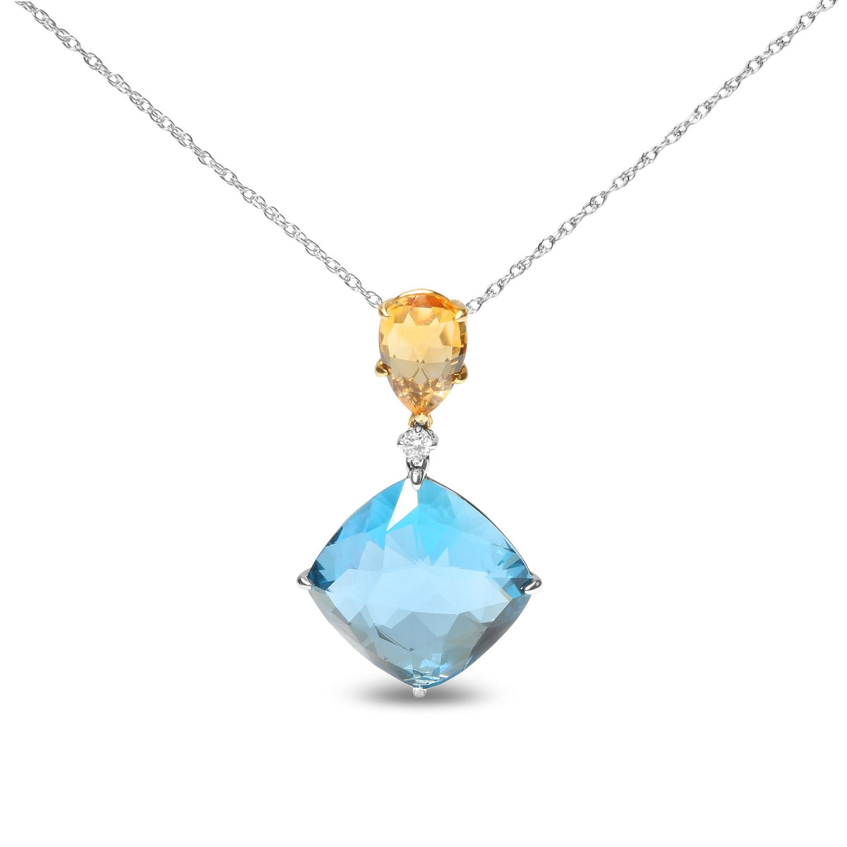 18K White and Yellow Gold Diamond Accent and Yellow Citrine and Sky Blue Topaz Gemstone Dangle Drop 18" Pendant Necklace (G-H