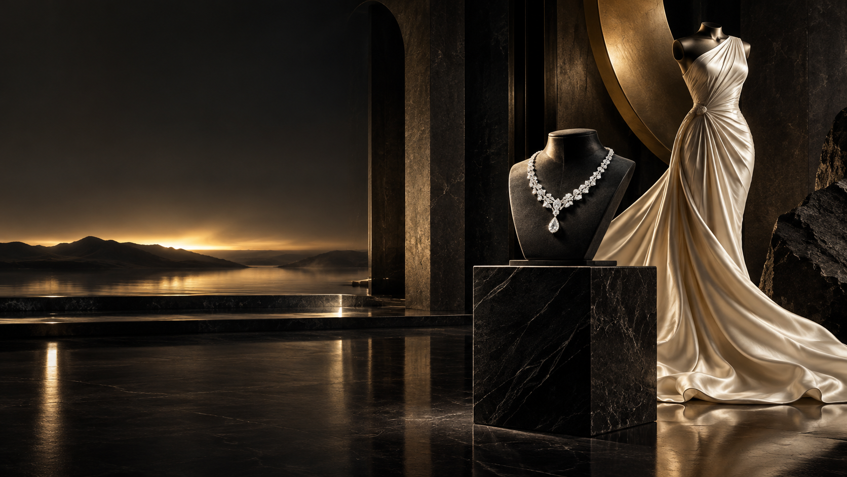 An evening luxury gallery featuring fine jewelry and an ivory couture silhouette